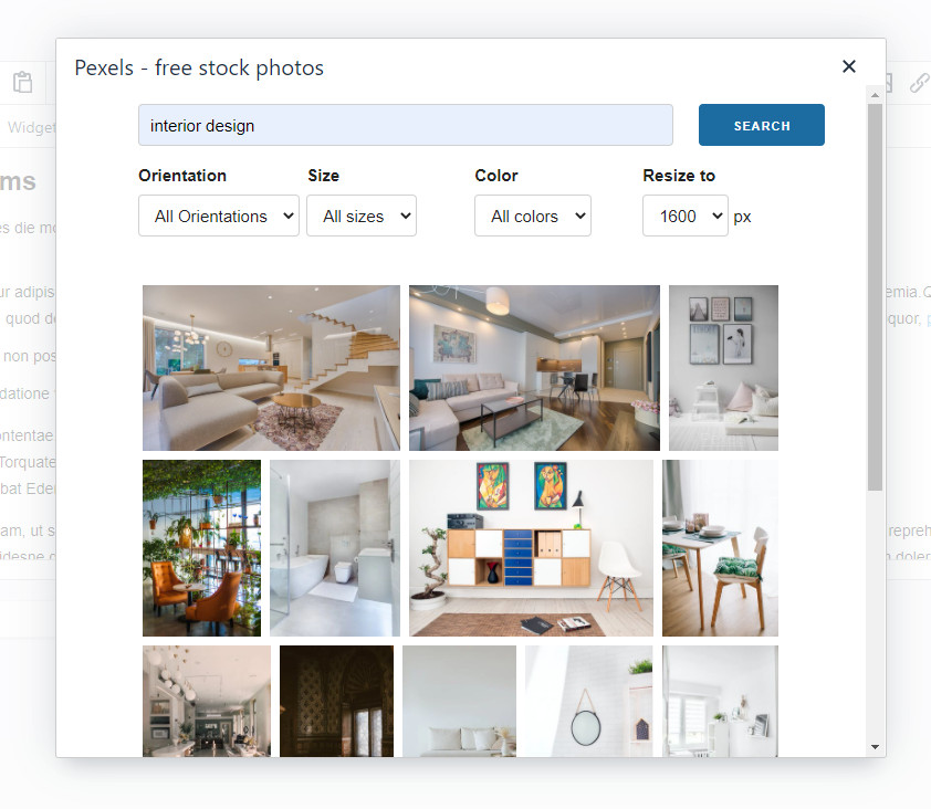 Pexels plugin voor TinyMCE